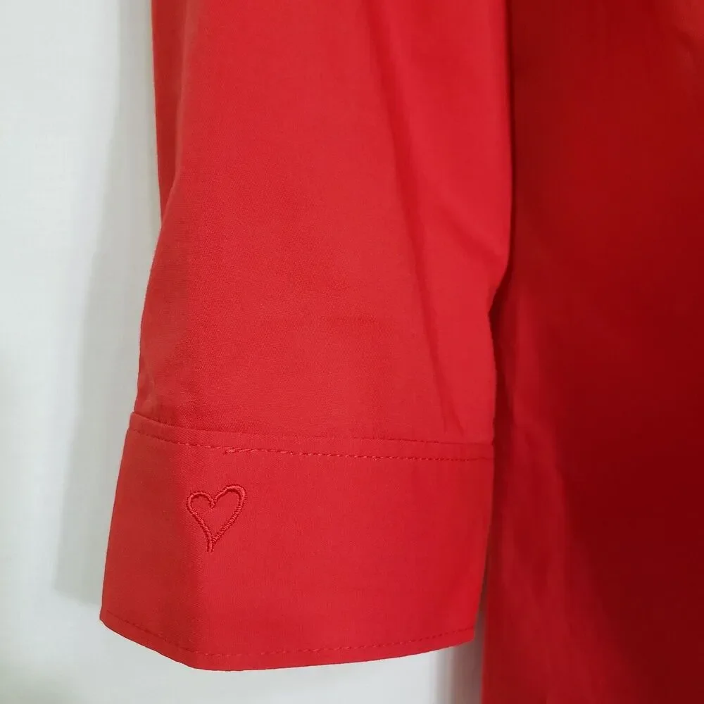 Chico's Womens Top Sz 1 Medium Red Stretch Button Front 3/4 Sleeve Flap Pockets